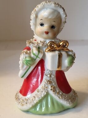Lefton Christmas Angel Bell Foil Sticker Spaghetti Trim Intact Clapper 1950s